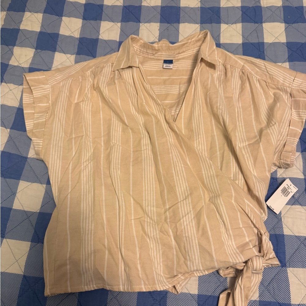 Women's Beige Stripe Tie-Front Top NWT